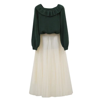 

Students Women Suit New Fall And Winter Pullover Sweater Net Veil Pleated Skirt Two-Piece Clothing Set Sweet Outfit
