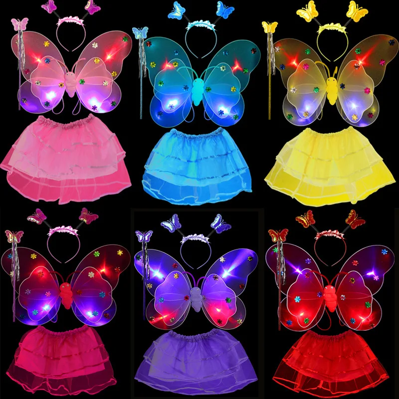 Hot Princess Blinking LED Butterfly Wing Headband Fairy Wands Skirt Kids Girls Performance Props Halloween Glow Party Supplies | Дом и сад