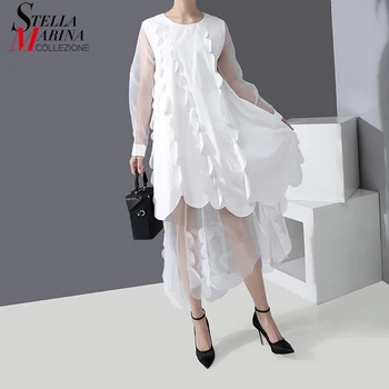 

New 2020 Korean Style Women Solid White Spring Dress Long Sleeve Mesh Hem Ruffles Ladies Charming Party Dress Robe Femme 5883
