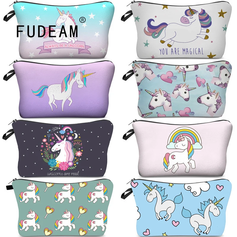 FUDEAM-bolsa de viaje de poliéster con estampado de unicornio para mujer, bolsa de almacenamiento con diseño de perezoso, artículos de tocador, organizador de cosméticos, bolsa de maquillaje portátil