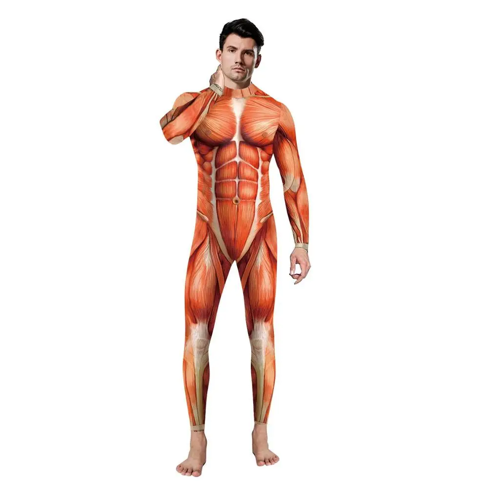 FCCEXIO Cosplay Halloween Bodysuits Green Muscle 3D Print Long Sleeve Women Clothing Sexy Skinny Elastic Jumpsuit Muscle Outfit