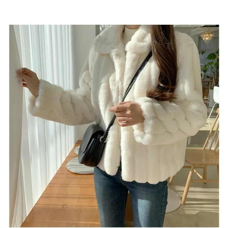 

Women's rabbit fur coat 2020 winter warm White comfortable faux fur Jacket long sleeve oversize Artificial fur Overcoat female