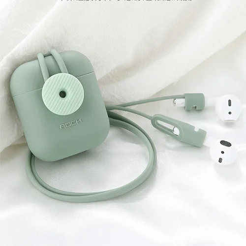 ROCK мягкий силиконовый наушник чехол для AirPods противоударный чехол для Airpods 1 2 ультра тонкий Air Pods чехол с защитой от потери веревки - Цвет: Green