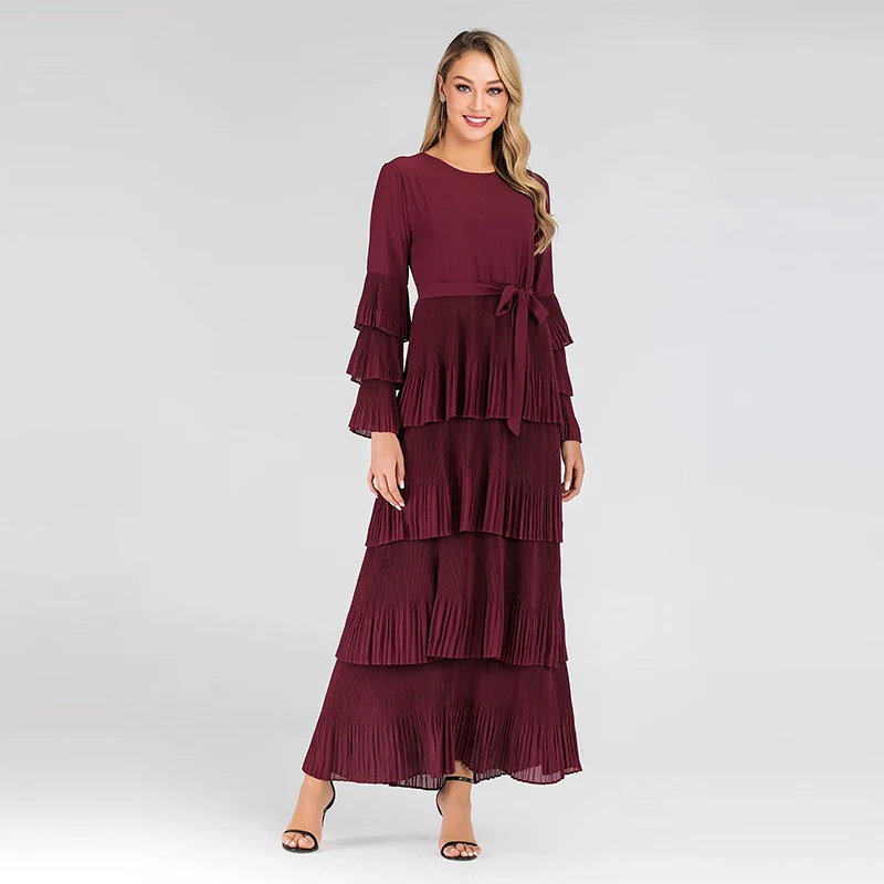 2020 Fashion Latest Burgundy Pleated Design Long Sleeve Abaya Muslim Women Dresses Islamic Turkey Ladies Dress Dubai Hot Seler Islamic Clothing Aliexpress