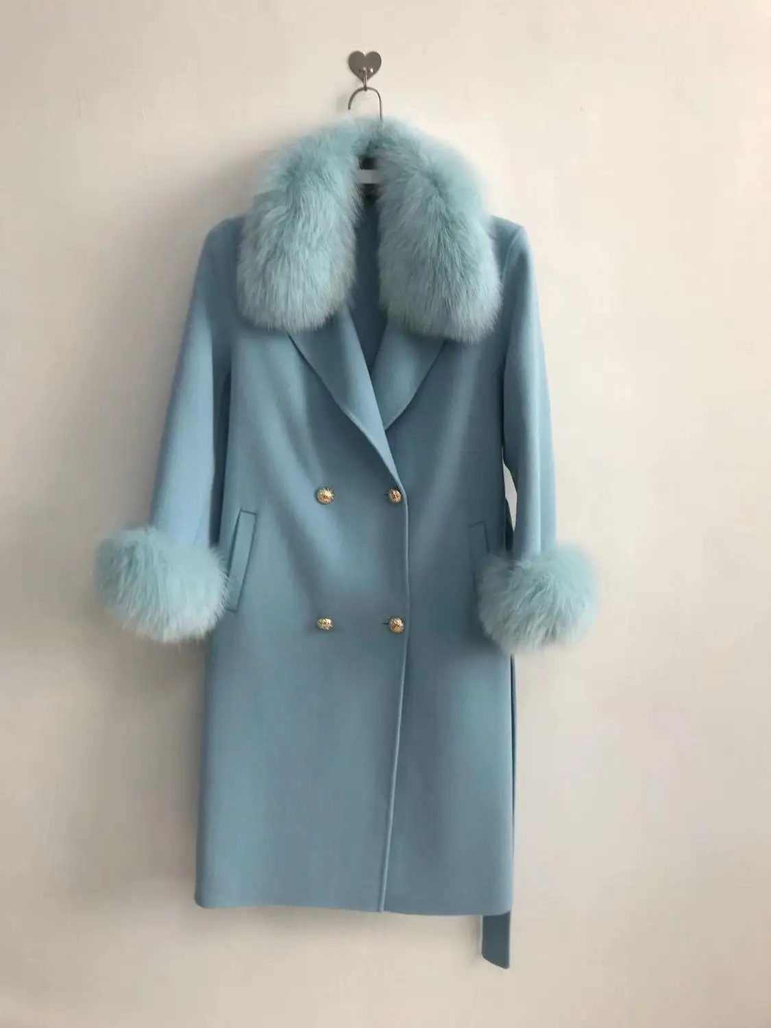 light blue QIUCHEN PJ19100 Новое поступление Высококачественная кашемировая Женская куртка с воротником из натурального Лисьего меха и манжетами модная модель - Цвет: light blue