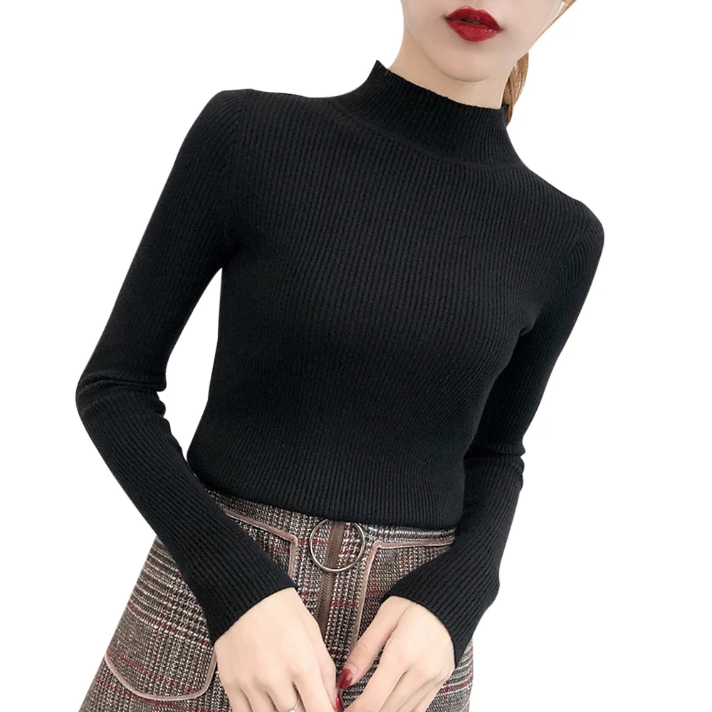 Heflashor свитер женский однотонный тонкий полувырез теплый трикотаж зимний длинный рукав водолазка Топ - Цвет: black