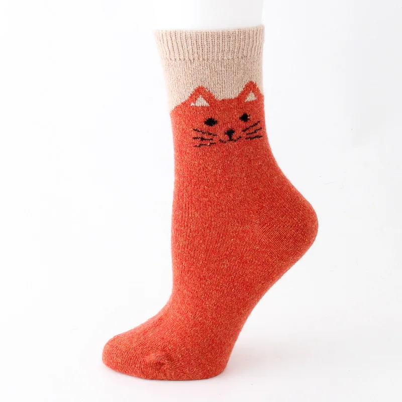 Зимние теплые носки для женщин, простые милые мягкие дышащие жаккардовые Шерстяные Носки с рисунком кота для женщин - Цвет: 6
