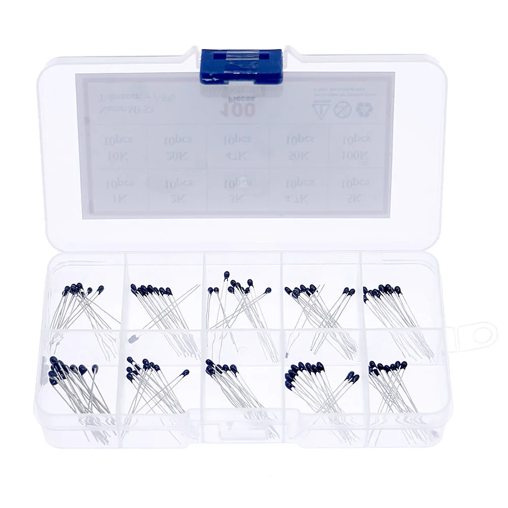 

100pcs/Box 10 Values NTC thermistor Thermal Resistor Kit NTC-MF52AT Resistors set 1K 2K 3K 4.7K 5K 10K 20K 47K 50K 100K 5% 3950B