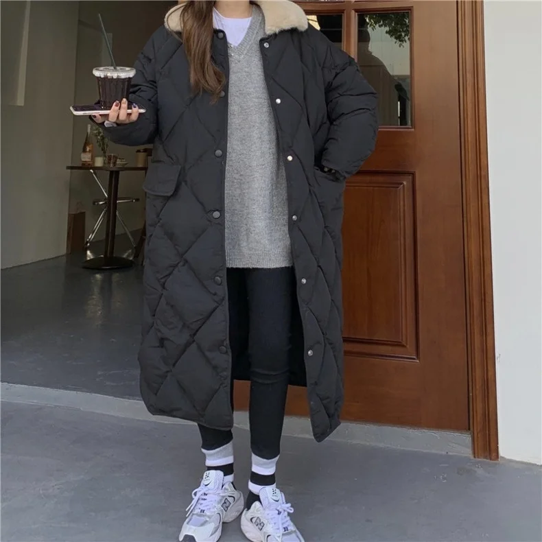 Down Parka Diamond Lattice Long Knee Down Cotton Padded Jacket Female Korean Loose Student Winter Jacket Cotton Padded Jacket ladies parka coats