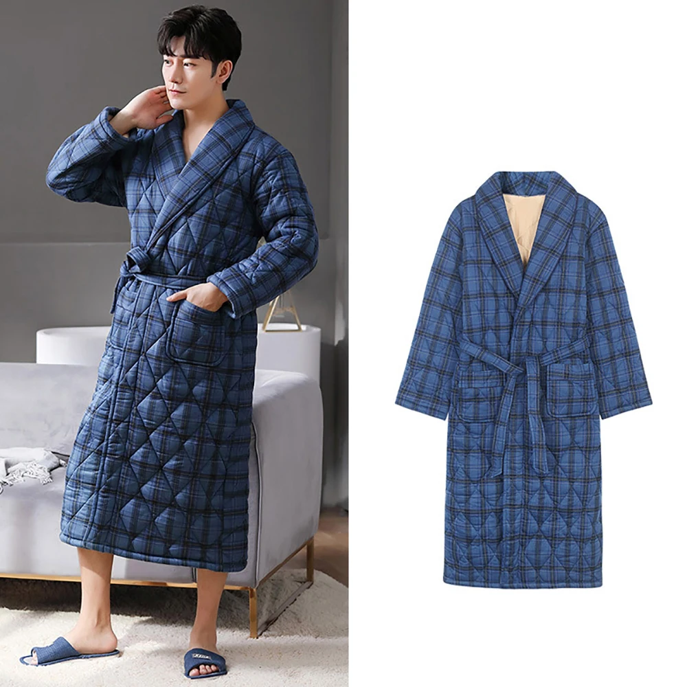 mens cotton pajama bottoms Mens Luxury Plaid Robe Autumn Winter Thick Long Bathrobes Man Cotton Soft Dressing Gown Breathable Kimono Bath Robe Plus Size best mens pajamas