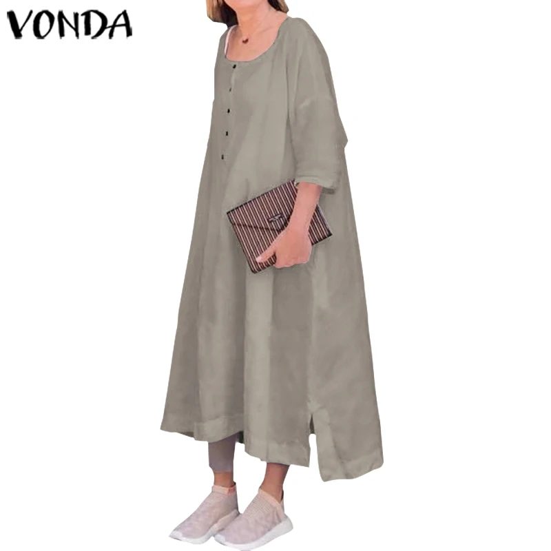 Женское платье большого размера VONDA, весенне-летний сарафан, повседневные свободные хлопковые платья-рубашки с рукавом 3/4, винтажные платья до середины икры - Цвет: Grey