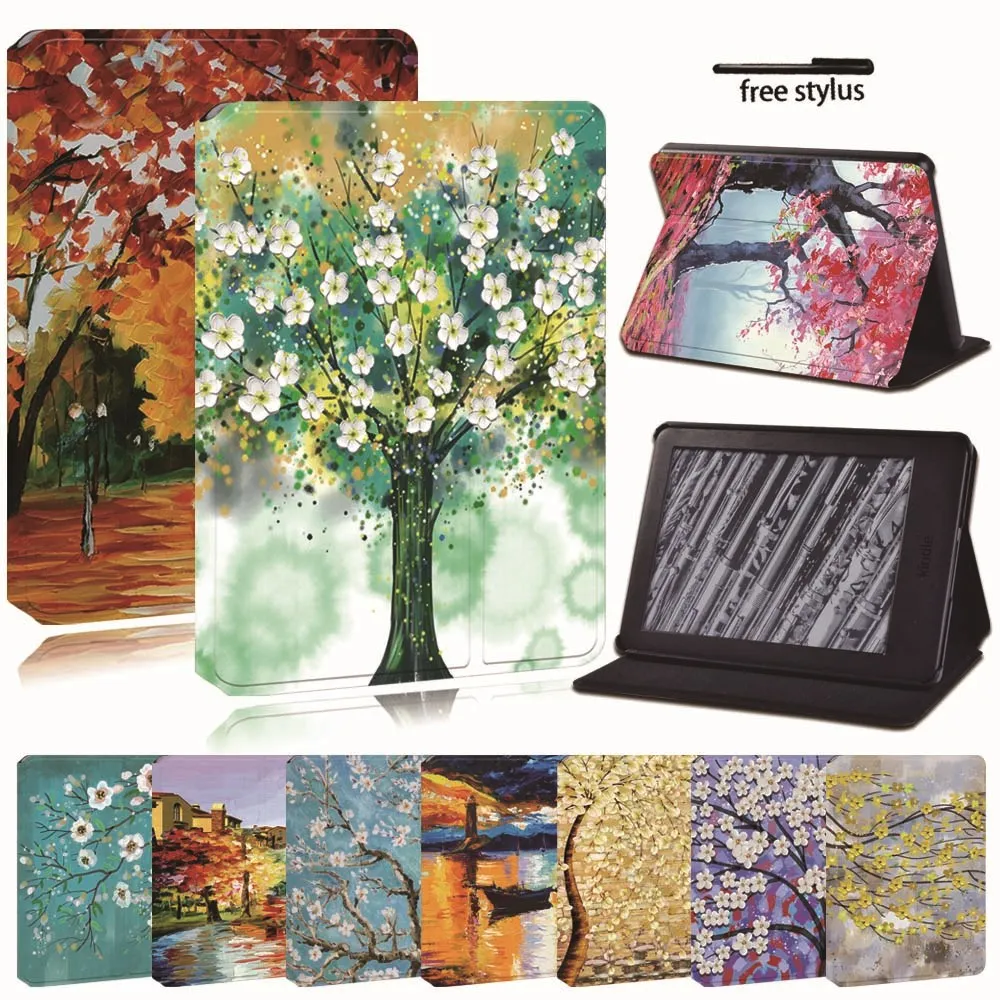 

Case For Kindle 8th 10th Paperwhite 1/2/3/4/5 Printed Leather Reader Stand Folio Ultra-thin Painting tablet Stand Cover+Stylus
