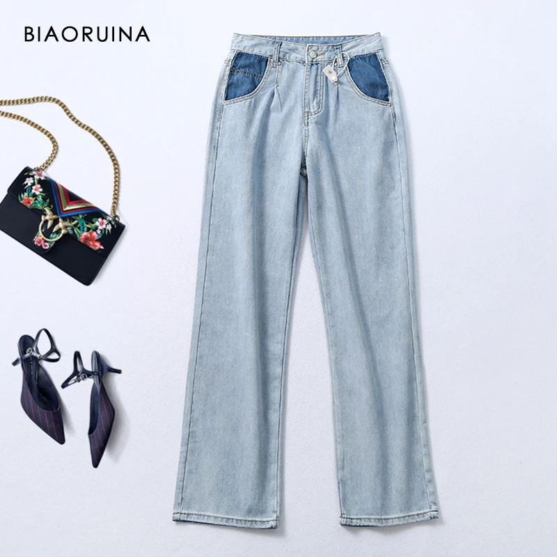 

BIAORUINA Women's High Waist Patchwork Pockets Loose Thin Straight Washing Jeans Female Ligh Blue Bleached Casual Jeans