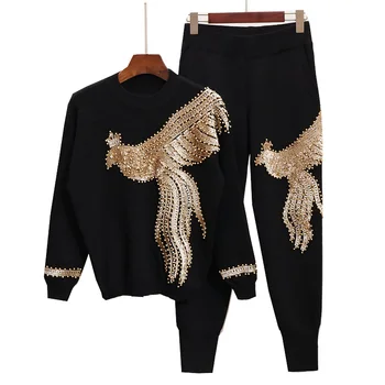 

LANMREM 2020 New Fashion Sequined Beaded Long Sleeve Loose Knitting Tops And Casual Pant Female's Two Pieces Set Vestido YG198