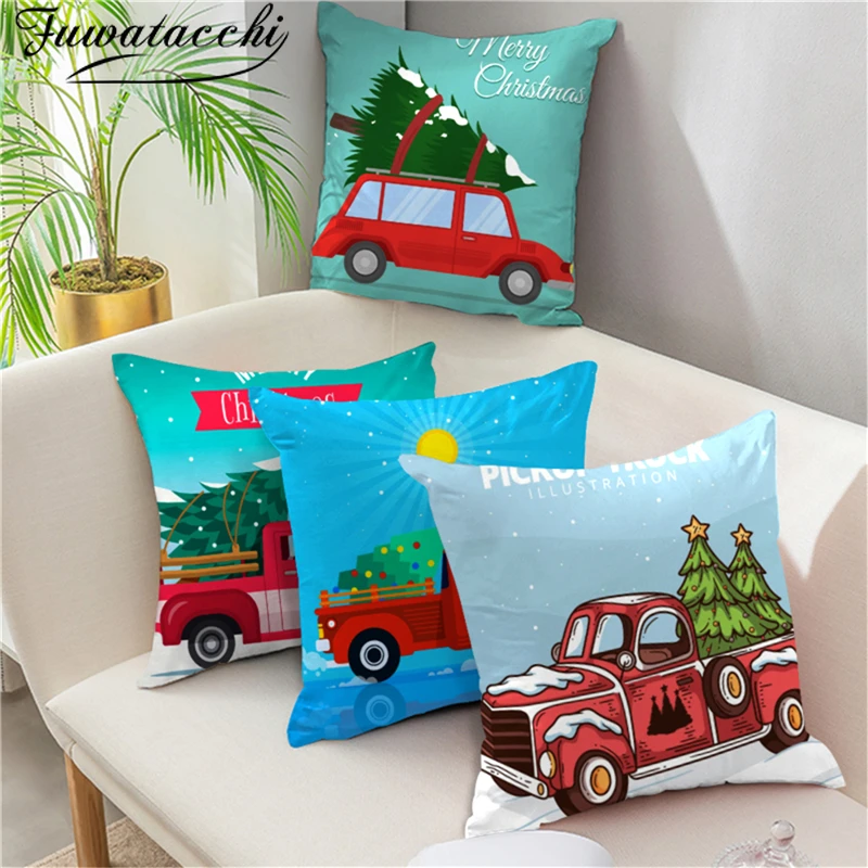 

Fuwatacchi Christmas Tree Cushion Cover Red Truck Throw Pillowcases Decorative Pillow Covers for Home Sofa New Year Gift 45*45cm