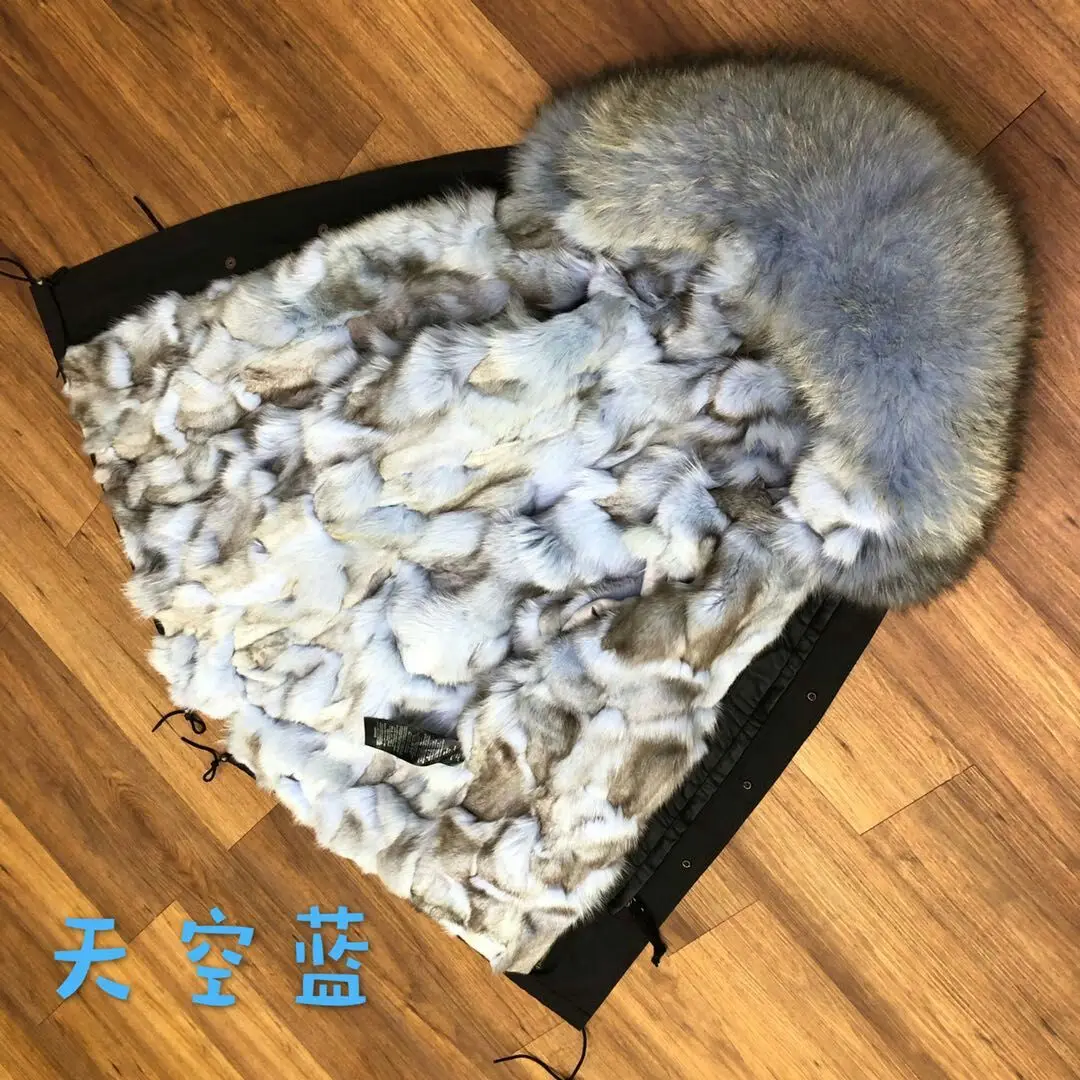 blue with blacktip Сладкий натуральный мех цвета лайнер зимнее пальто для женщин женский лисий мех живота съемный мех средней длины парка женский - Цвет: blue with blacktip