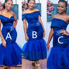 Royal Blue Bridesmaid Dress 2021 Mermaid Boat Neck/One Shoulder/Strapless Tea-Length Satin Wedding Party Gowns For Black Girls
