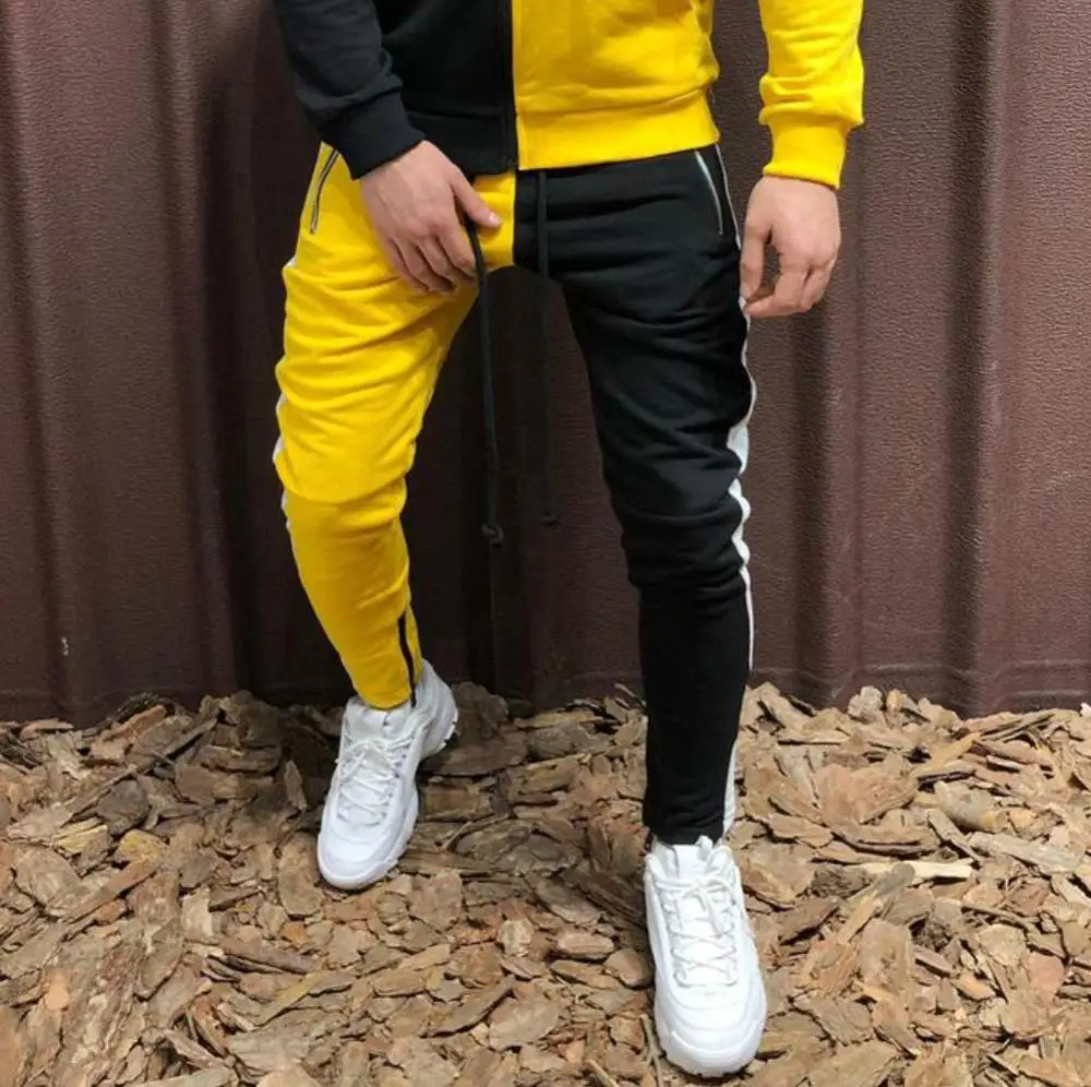 yellow pant Высококачественные мужские комплекты модная Осенняя Лоскутная куртка спортивный костюм толстовки+ спортивные штаны комплекты из 2 предметов облегающая спортивная одежда - Цвет: yellow pant