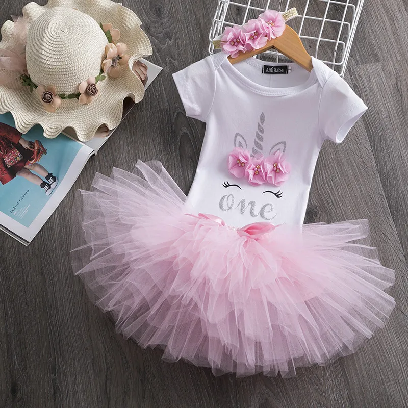 Комплекты одежды для маленьких девочек на первый день рождения Новорожденные Девочки Малыши крестины костюм для детей костюмы комбинезон юбка повязка на голову