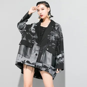 

Spring 2020 Women New Fashion Street Style Print Pattern Coat Casual Loose Turn Down Collar Pocket Single Breast Jacket Big Size