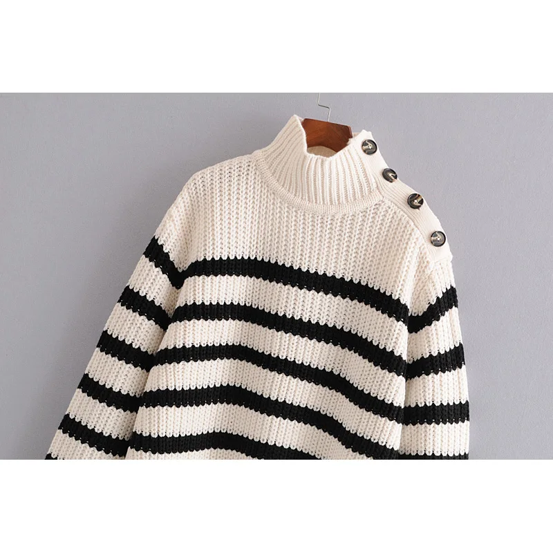 Cena Moda Za kobiety swetry 2019 w stylu vintage, w paski przyciski udekoruj sweter z golfem z długim rękawem dzianinowe swetry sweter panie