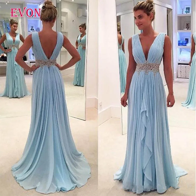 Robe De Soiree сексуальное синее с глубоким v-образным вырезом ТРАПЕЦИЕВИДНОЕ выпускное платье на заказ Плюс Размер без спины вышитый бисером шифон длинный Выпускной платья