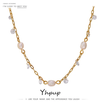 Stainless Steel Chain Necklace Trendy Natural Pearl Cubic Zirconia Collar for Women