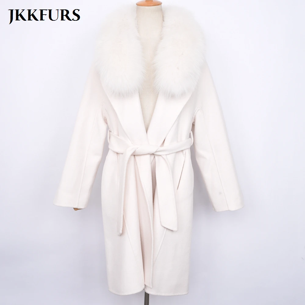 Женское зимнее шерстяное пальто с воротником из натурального Лисьего меха, кашемировая куртка с поясом для женщин, модное шерстяное пальто-жакет для женщин S7493