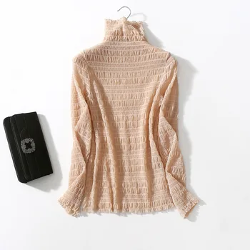 

New autumn winters is high grade white gauze fold the high necked blouse render women s clothing