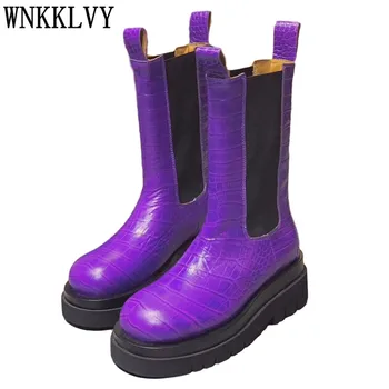 

Purple crocodile pattern mid-tube Martin boots women flat platform real leather Chelsea botas british style short boots female