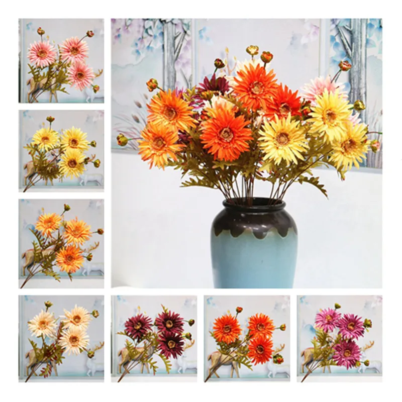 

3 Head Home Decoration Sunflower Artificial Flower Gerbera For Home Vase Fake Plant High Quality Fake Plants QW27