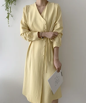 

New 2019 Women Midi Dresses Spring Summer Lace Up Bow Button Empire Prairie Chic Slim Elegant Solid Dress