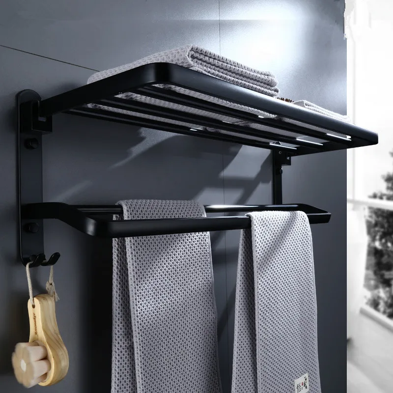 Bathroom Towel Racks Black Aluminum Foldable Bath Towel Holder Wall