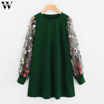 

Womail Dress Women 2019 Embroidered Pullover Sweatshirt Dress Elegant Casual O-Neck Mesh Long Sleeve Dress Loose Party Dress 96
