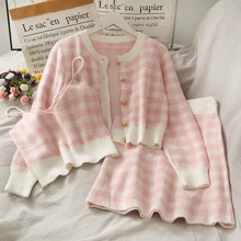 Doux Plaid trois pièces femmes nouveau O cou simple boutonnage à manches longues pull ample avec sangle courte deux pièces ensemble jupe