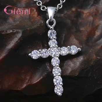 

New Fashion Cross Necklace for Women 925 Sterling Silver Shiny Cubic Zirconia Creative Cross Pendant Necklace with Many Crystals