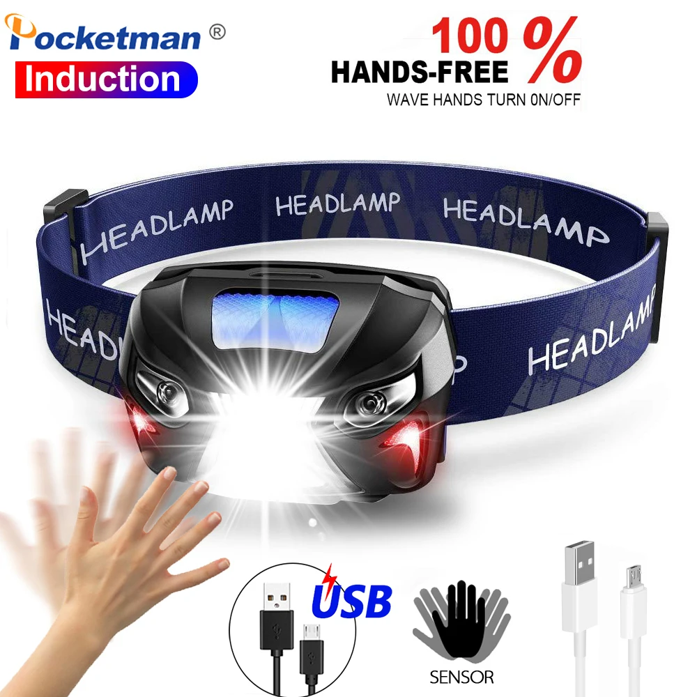 

Super Bright Rechargeable LED Headlamp Body Motion Sensorled headlamp Camping Torch Light Lamp Built-in Battery With USB