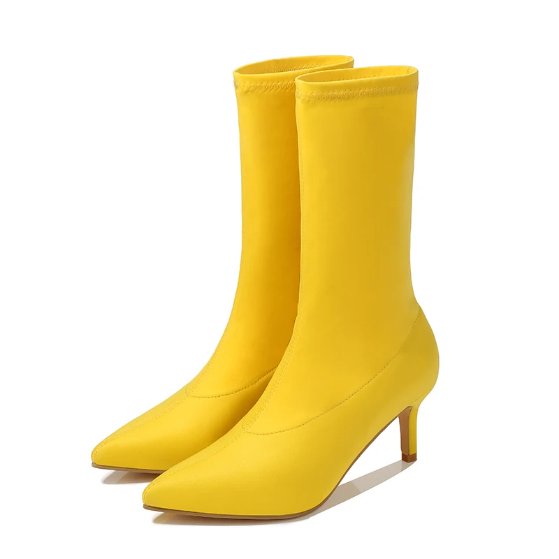 

2019 Luxury Women 7.5cm High Heels Boots Fetish Silk Blue Yellow Sock Boots Stretch Heels Scarpins Autumn Winter Design Shoes