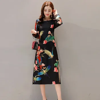 

2020 New Vintage Folk Print Floral Dress Women Autumn Winter Vestido Casual Slim Long Sleeve Red Qipao Dresses WXF620
