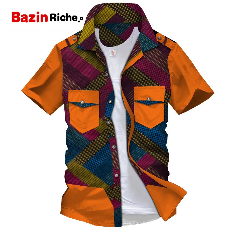 Дашики Мужская Топ рубашка Bazin Riche африканская мужская одежда хлопок Печать Лоскутная Кнопка Топ рубашка мужская африканская одежда WYN894