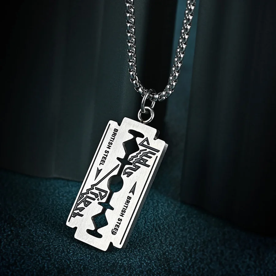 Stainless Steel Razor Blade Necklace Men Judas Priest Hip Hop Jewelry Enamel Heavy Metal Pendant Women Cool Gift High Quality | Украшения и