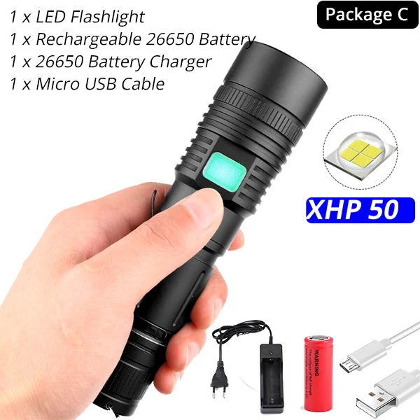Мощный светодиодный фонарь XHP70.2, водонепроницаемый светодиодный фонарь с поддержкой зума, 3 режима освещения, питание от аккумулятора 18650 или 26650 для улицы - Испускаемый цвет: Option C