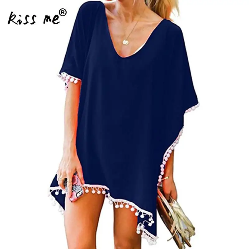 navy blue Бикини с глубоким v-образным вырезом, Женская однотонная пляжная одежда, саронг, туника, короткий рукав, купальник, накидка, женский летний костюм для защиты от солнца - Цвет: navy blue