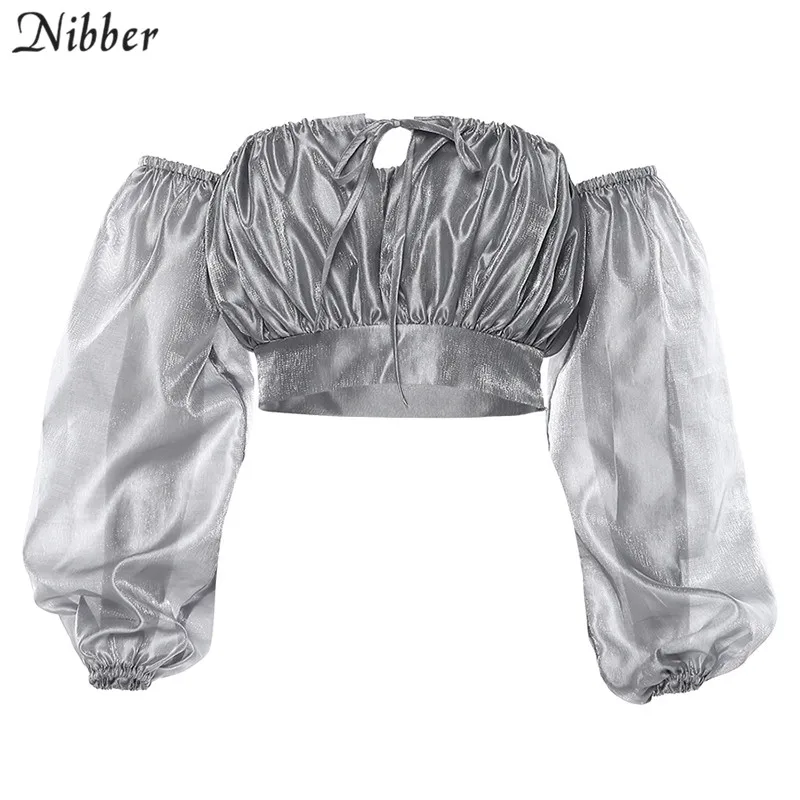 Серый Nibber/осенний французский романтический сетчатый кроп-топ, женская рубашка,, сексуальная, без бретелек, Клубные вечерние, элегантные, с длинными рукавами, тонкая футболка, mujer - Цвет: Серый