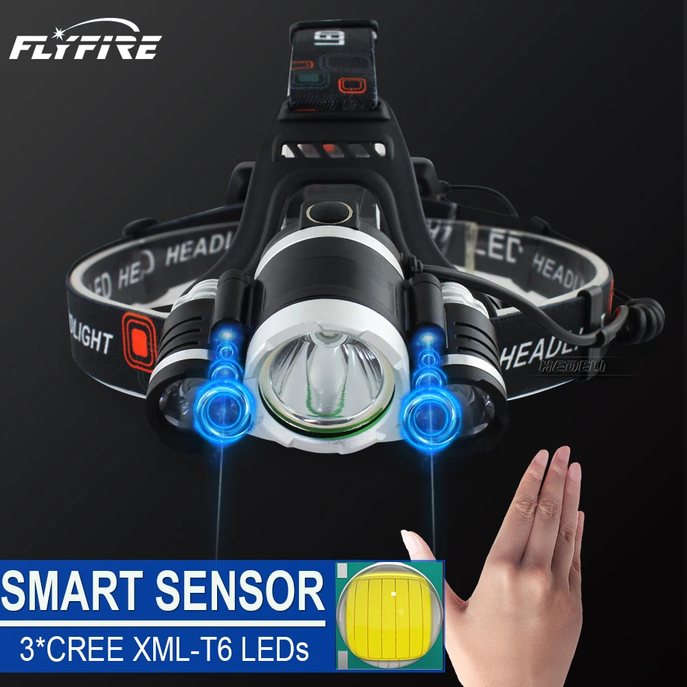 

IR Sensor led headlamp usb 3 T6 led 8000 lumen rechargeable head flashlight torch xml t6 head lamp waterproof headlight 18650