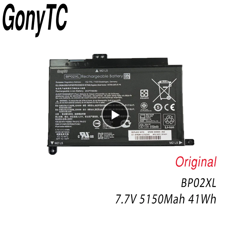 Аккумулятор GONYTC для ноутбука 7 В 41 Втч 5150 мА · ч BP02XL HP Pavilion PC 15 15-AU 849909-850 (F9-21) 849569-421