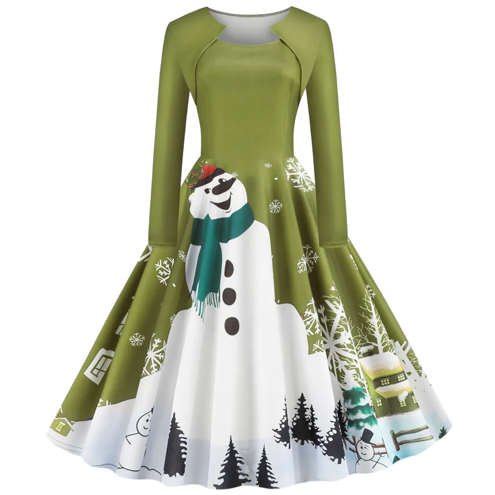 Синие вечерние платья для женщин на Рождество с принтом снеговика из мультфильма без воротника в винтажном стиле рокабилли с длинным рукавом Зимние Повседневные платья Vestido