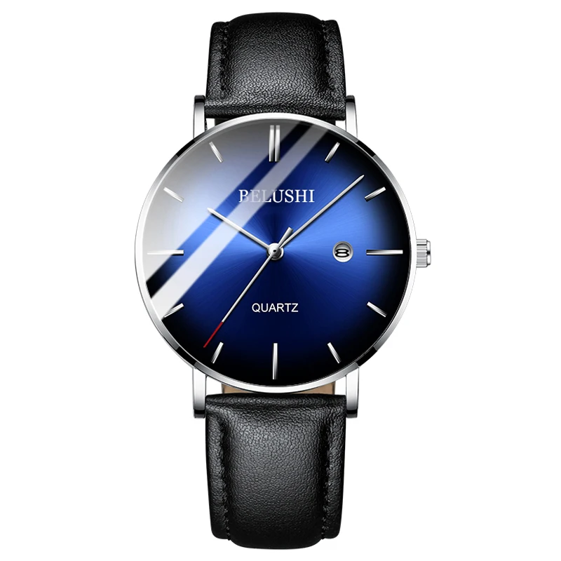 Leather Black Silver BELUSHI, модные мужские часы, Топ бренд, Роскошные тонкие стальные сетчатые кварцевые часы, мужские деловые водонепроницаемые аналоговые наручные часы, мужские часы - Цвет: Leather Black Silver