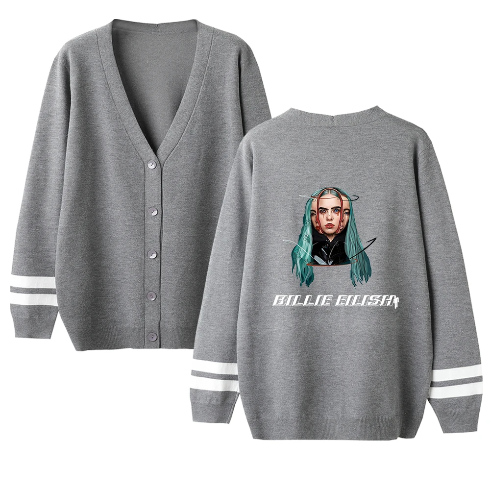Billie Eilish Harajuku женские Свитера Осень Зима Кардиган Повседневный v-образный вырез однобортный с пышными рукавами Свободная одежда