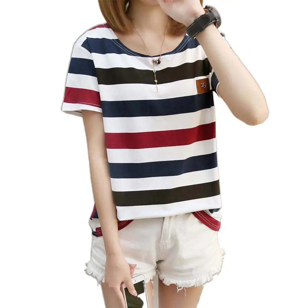 

Yfashion Blouses Women Fashion 2020 Combined Color Stripe Short Sleeve Crew Neck Loose Pullover Tops